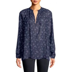 VINCE 100% Silk Long Sleeve Floral ‘Calico’ Blouse, Navy Blue, Size Small